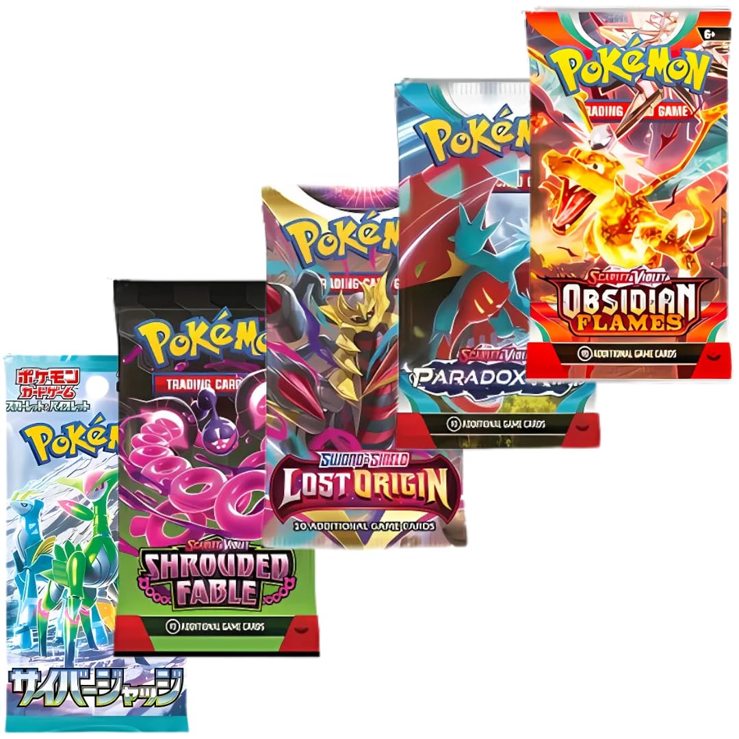 Mega Pokemon Card Booster Pack Gift Bundle | 5 Booster Packs | Sword and Shield | Scarlet and Violet | Pokémon Gift Set | 4 Assorted Pokemon Booster Packs + 1 Japanese Pokemon Card Pack