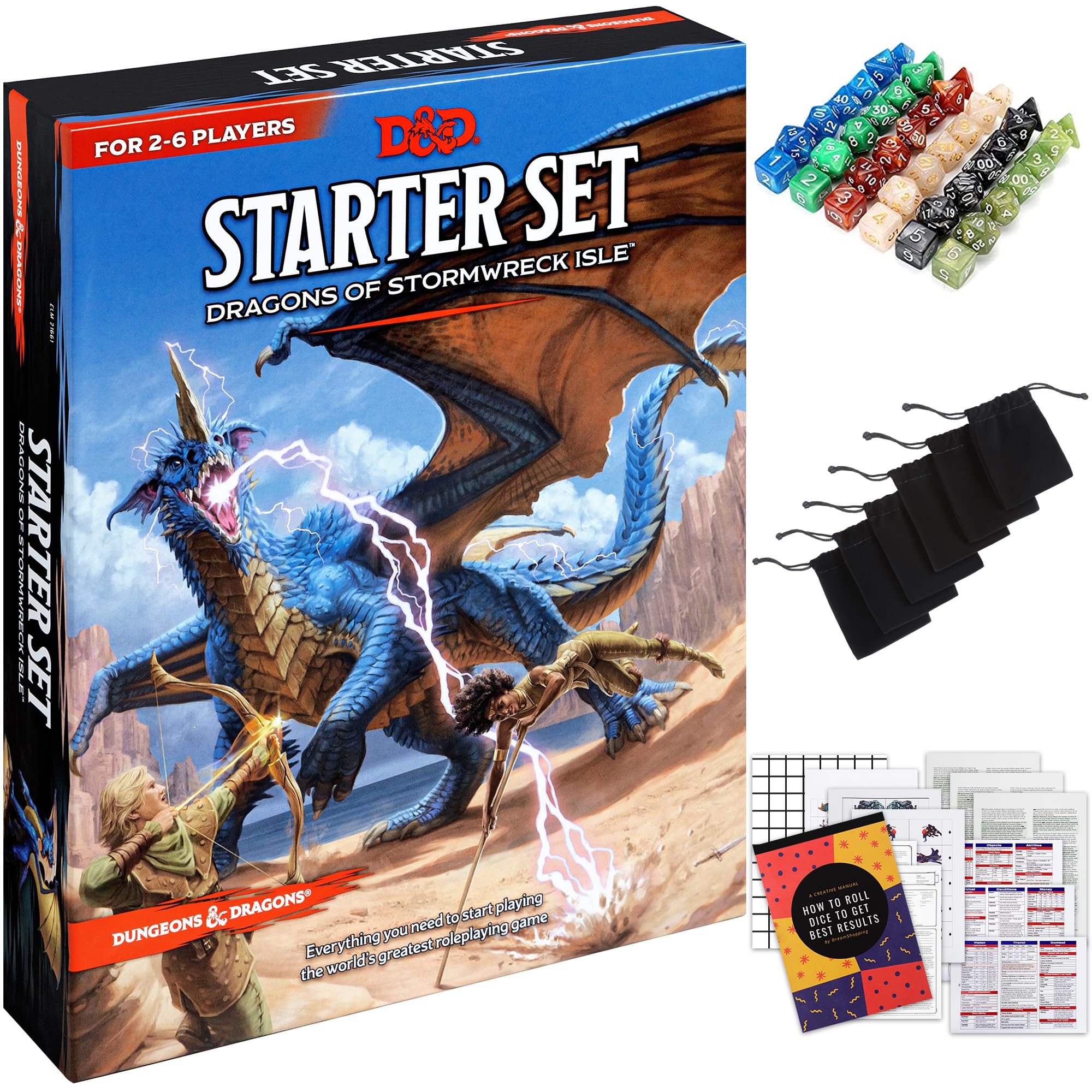 CraftyCrocodile Dungeons and Dragons Starter Set - Dragons of Stormwreck Isle - Extra 6 Dice Sets, Flannel Bags, Master Screen, New Heroes - D&D Board Game